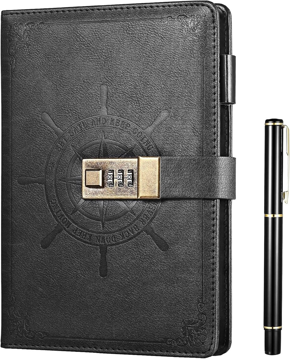 Dagboek met slot, notitieboek A5, gelinieerd, dagboek voor meisjes en volwassenen, dagboek met pen, wachtwoord, boek, zwart, 210 pagina's