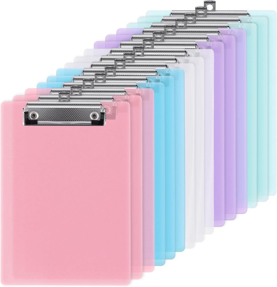 Klembord A5, 15 stuks, 22,5 x 15,7 cm, transparant, klembord van PP-kunststof, voor school en kantoor, wit, groen, blauw, paars, roze