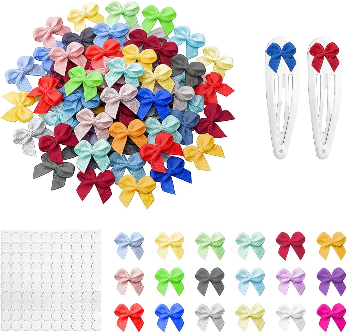 100 stuks mini-satijnlinten, CNYMANY 3,3 cm grote, kleurrijke linten voor het verpakken van geschenken. Voorgefabriceerde linten om te naaien, knutselen, scrapbooking, voor bruiloften, verjaardagen