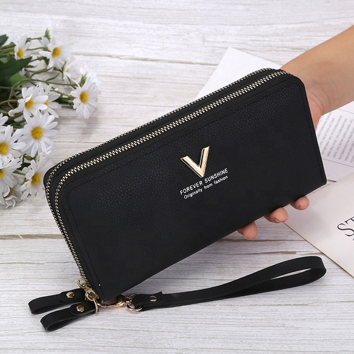 KZQ Dames Portemonnee - Dubbele Ritssluiting - Grote Capaciteit - Met Meerdere Kaartvakken - Geschikt Als Clutch En Telefoonhouder - Zwart