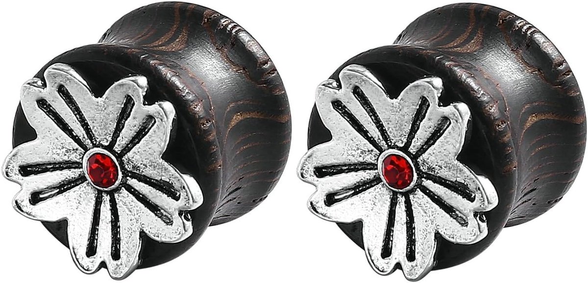 Plugs houten set, tunnel 8-20 mm met motief bloemen rood zirkonia oorringen piercing tunnel set