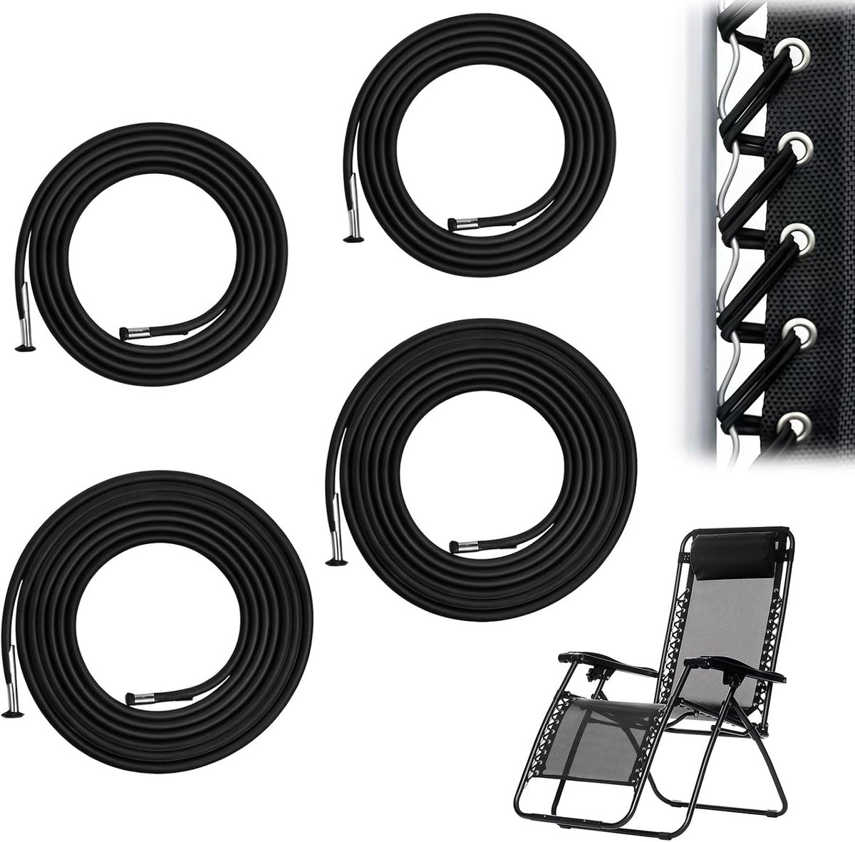 4 stuks vervangende koorden voor Zero Gravity Chair, zwart rubberen koord voor ligstoel, elastiek voor ligstoel, universele reservekoorden voor relaxstoel, tuinstoel, elastische koorden (1,5
