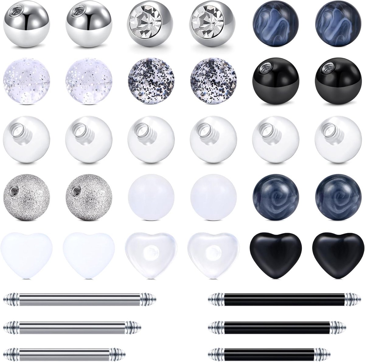 14G tongstaven en tepelstangen, rechte halters, roestvrij staal, schroefdraad, vervangende ballen 1,6 mm x 5 mm, 12/14/16 mm staafmix-en-match lichaamstong tepelpiercing sieradenset, uniseks