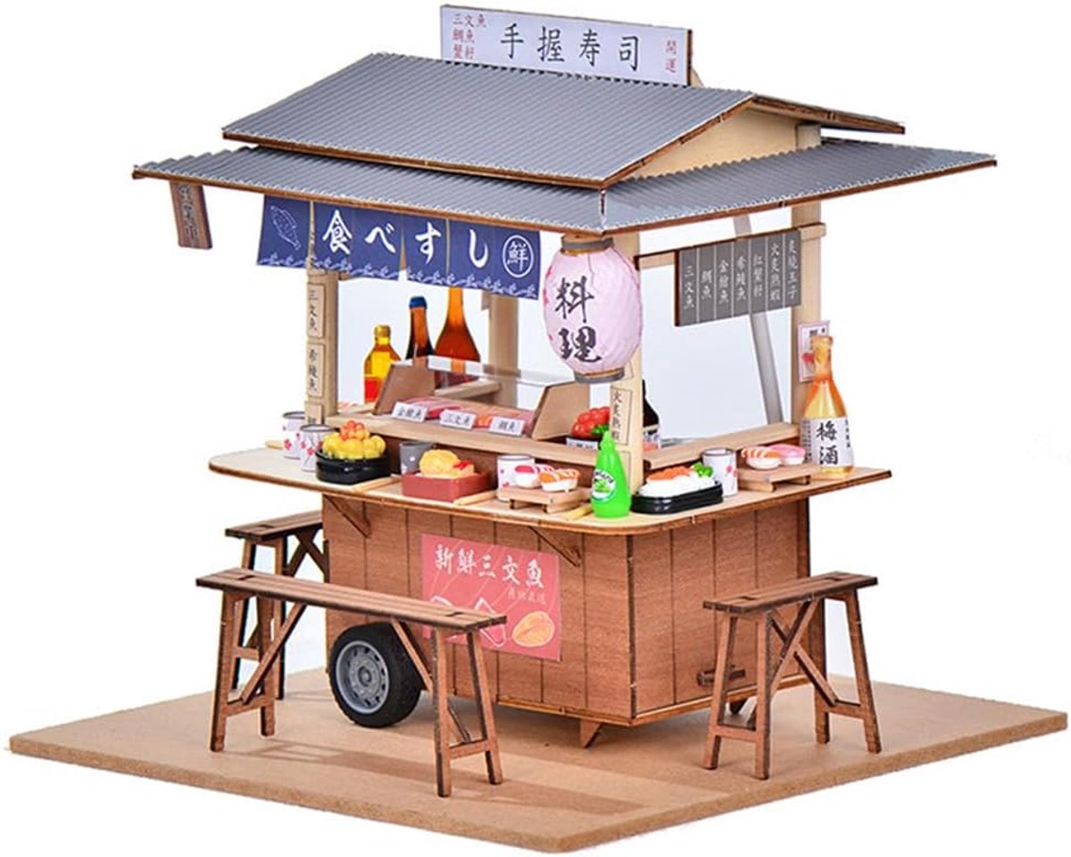 poppenhuisset, Japanse sushiwinkel, houten poppenhuis, kleine huisset met meubels en LED-verlichting, bouwmodelpuzzelspeelgoed voor verjaardagen creatieve geschenken