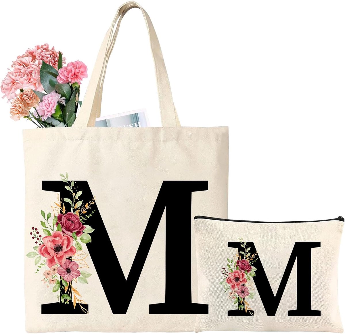 Gepersonaliseerde katoenen tas met letters, draagtas en make-uptas, cadeau voor vrouwen, vriendin, mama, bruidsmeisje voor verjaardag, jubileum, bruiloft, Moederdag
