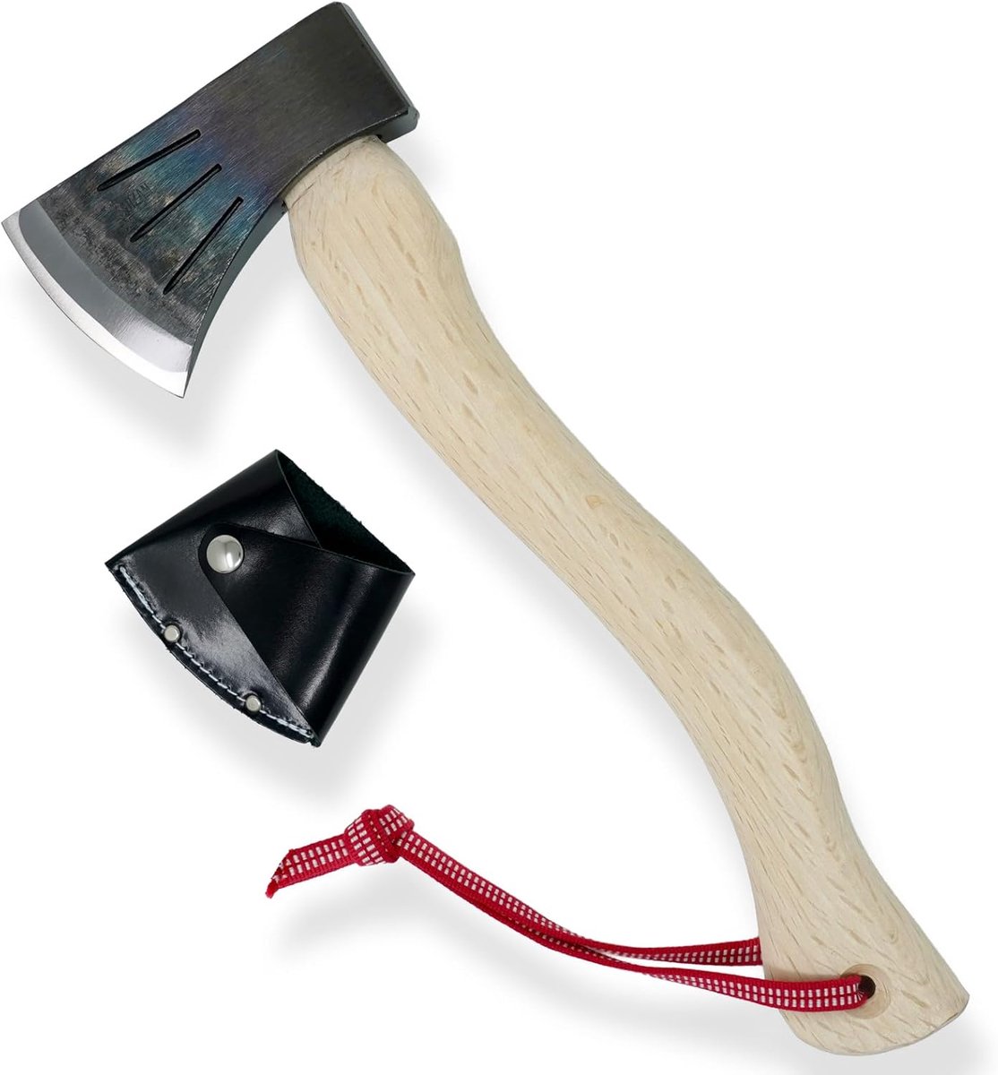 Japanse Handbijl 360mm - Gesmede Kleine Bijl voor Camping, Bushcraft en Houtbewerking - Koolstofstaal met Leren Hoes en Sanada-himo Koord
