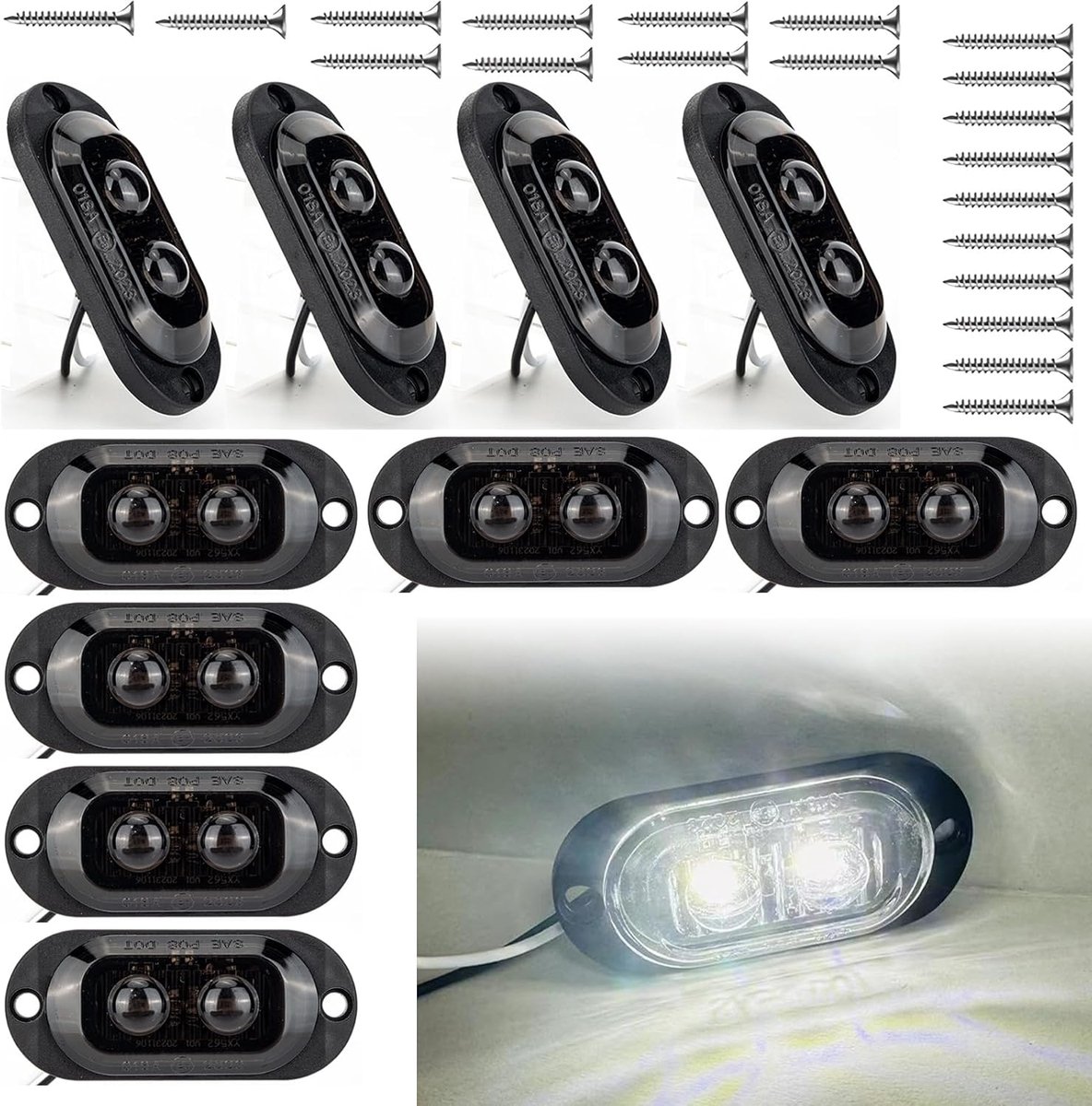 10 x markeringslichten voor aanhangers, 12/24 V, 3000 K, markeringslicht, universeel, waterdicht, zijmarkeringslampen, 65 mm, voor caravan, vrachtwagen, bus, caravan (wit)