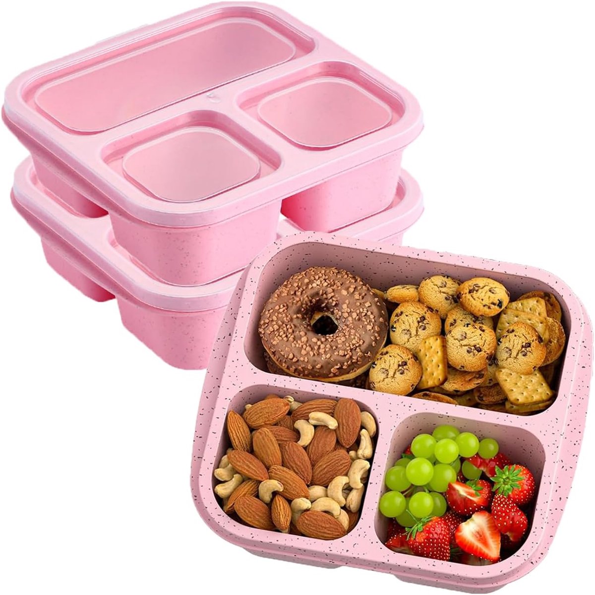 Snackdozen met vakken, 3 compartimenten bento-lunchdozen, de snackbox is geschikt voor magnetrons en vaatwassers, voor school, werk, picknick (Roze)