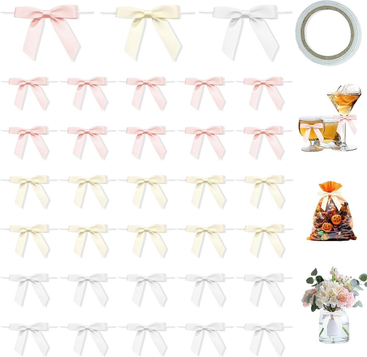 Strikjes met Draad, 75 Stuks Satijnen Decoratiestrikjes, 7 cm Kleine Cadeaustrikjes Mini Strikjes om te Knutselen Satijnen Strikjes voor Bruiloft Feest Cadeauverpakking
