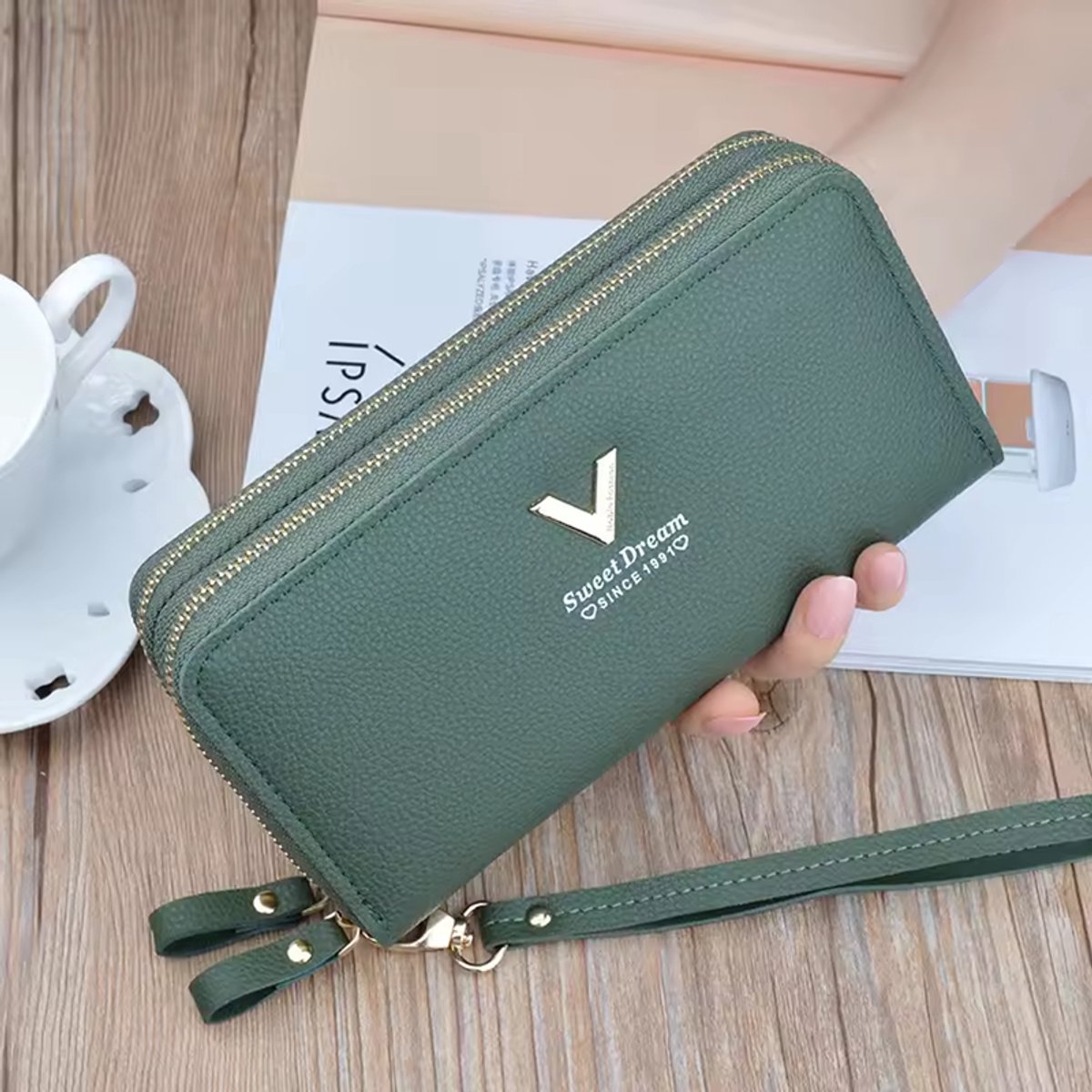 KZQ Dames Portemonnee - Dubbele Ritssluiting - Grote Capaciteit - Met Meerdere Kaartvakken - Geschikt Als Clutch En Telefoonhouder - Groen