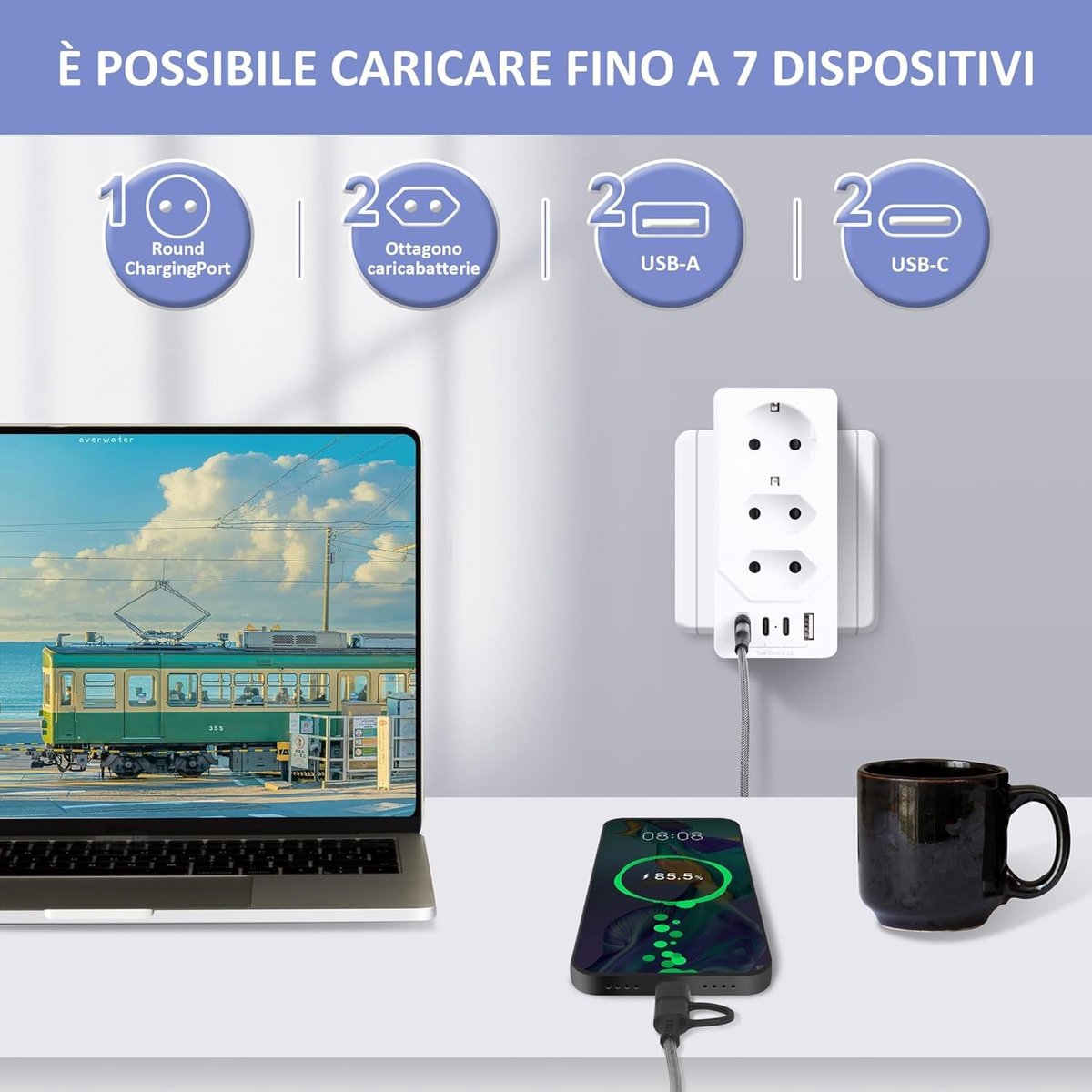 USB Stekkerdoos - Wit - 10.9 x 8.4 x 5.9 cm - 7 in 1 Stekkeradapter met 2 USB A en 2 USB C - Voor Huis, Slaapkamer of Kantoor