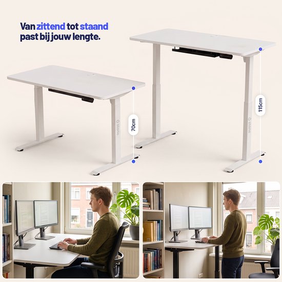 Wit Stane zit sta bureau getoond op twee hoogtes: 70cm zittend en 115cm staand.