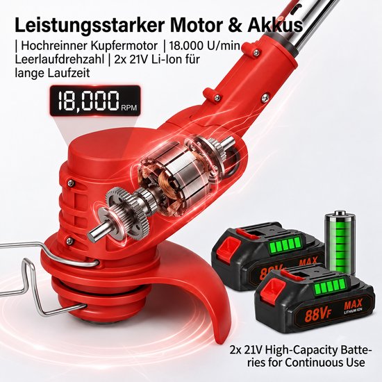 Accu Grastrimmer met 2x 2.0Ah accu’s + lader | 3-in-1 messenset (gras / onkruid / struiken) | 90° verstelbare kop | telescoopsteel (90 - 120cm) & extra handgreep | lichtgewicht 2,3 kg — afbeelding 2