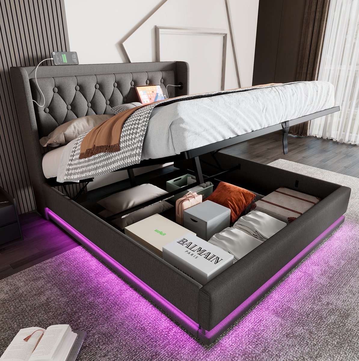 REDOM - Bedframe tweepersoons - Hydraulisch opklapbaar - Met opbergruimte en 3-zijdige LED - Met USB-C laadfunctie - Klassieke stijl - Volwassenen - Stof en metaal - Grijs - 190 x 210 x 101 cm