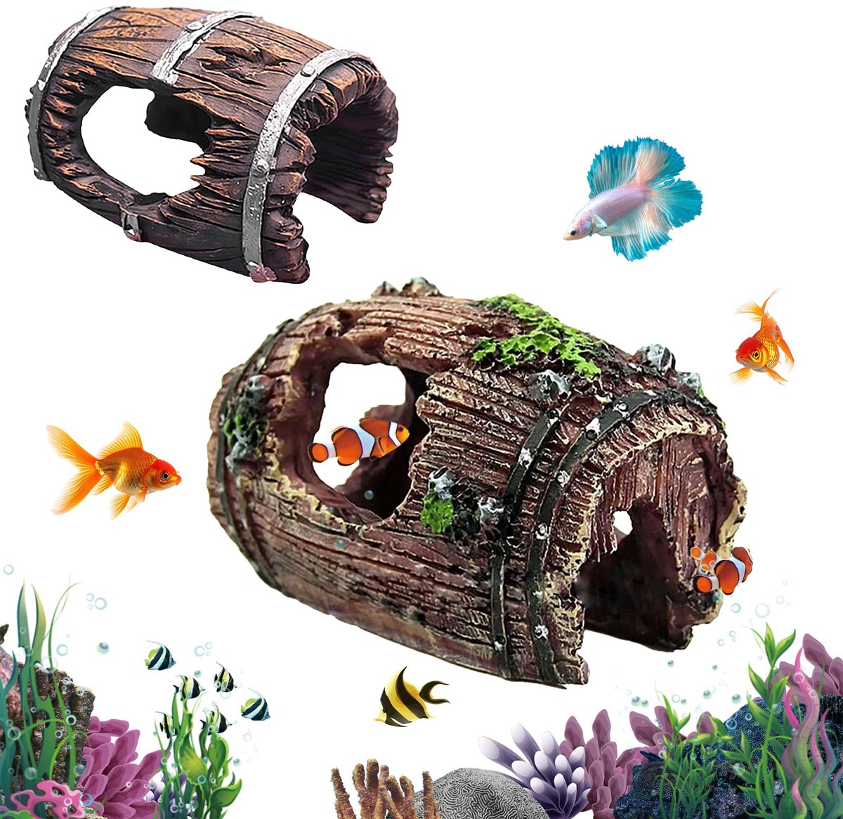 Aquariumdecoratie, boomstamsimulatie, mos, aquarium, decoratie, kameraquarium, hol, ornament, decoratie, holle stam voor reptielenverstopplaats of Betta vis, zwemhabitat