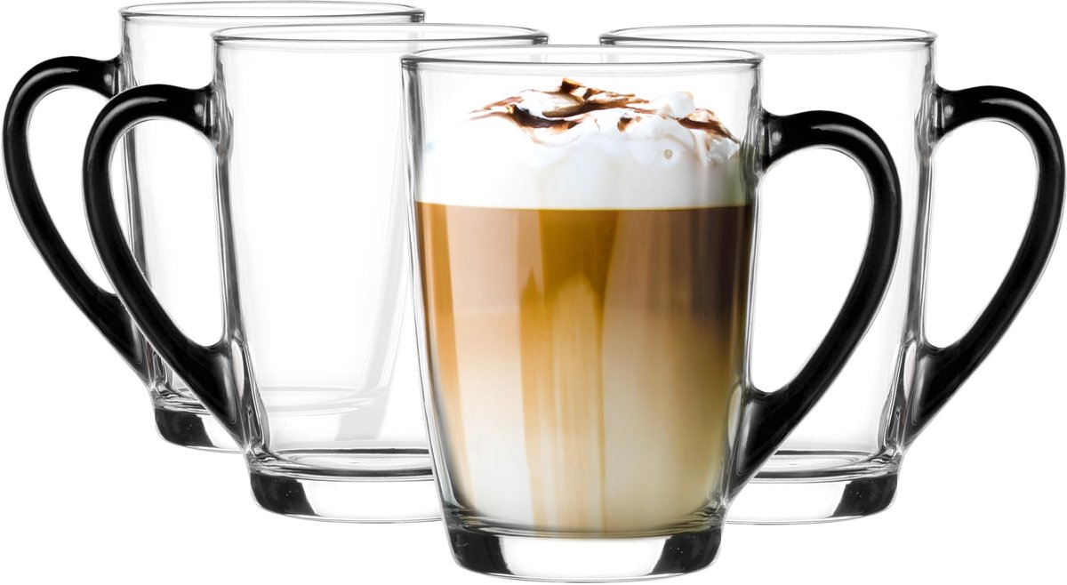 KROSNO 1992 koffieglas koffieglas met handvat theeglazen mok 300 ml glas robuust vaatwasmachinebestendig hoogglans zwart handvat