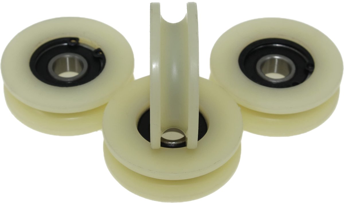 Pack van 4 x nylon katrolwielen met 8 mm ronde groef 45 mm diameter 10 mm lager 50 kg capaciteit precies bewerkt in de EU (45-8-10)