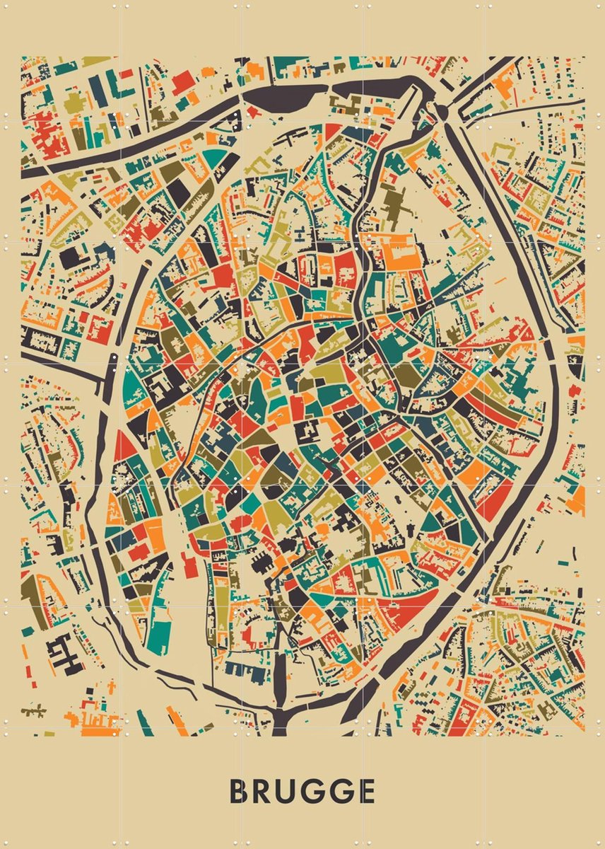 IXXI Brugge Mosaic Map, Kunst in Kaart - 100 x 140 cm - Gratis ophangtool - Grote wanddecoratie en posters - Abstract, Digitale Kunst, Speels