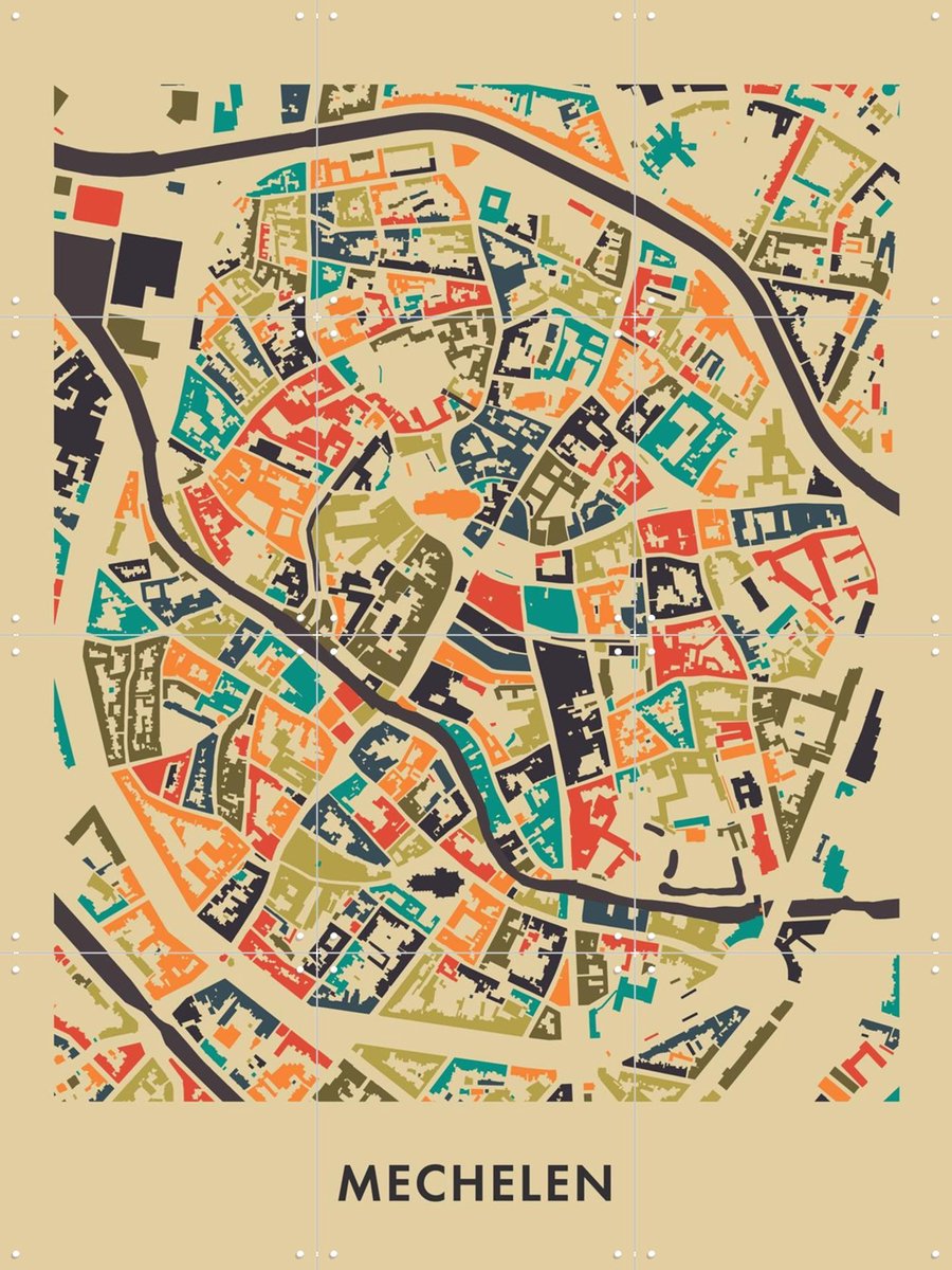 IXXI Mechelen Mosaic Map, Kunst in Kaart - 60 x 80 cm - Gratis ophangtool - Grote wanddecoratie en posters - Modern, Vintage, Kleurrijk, Digitale