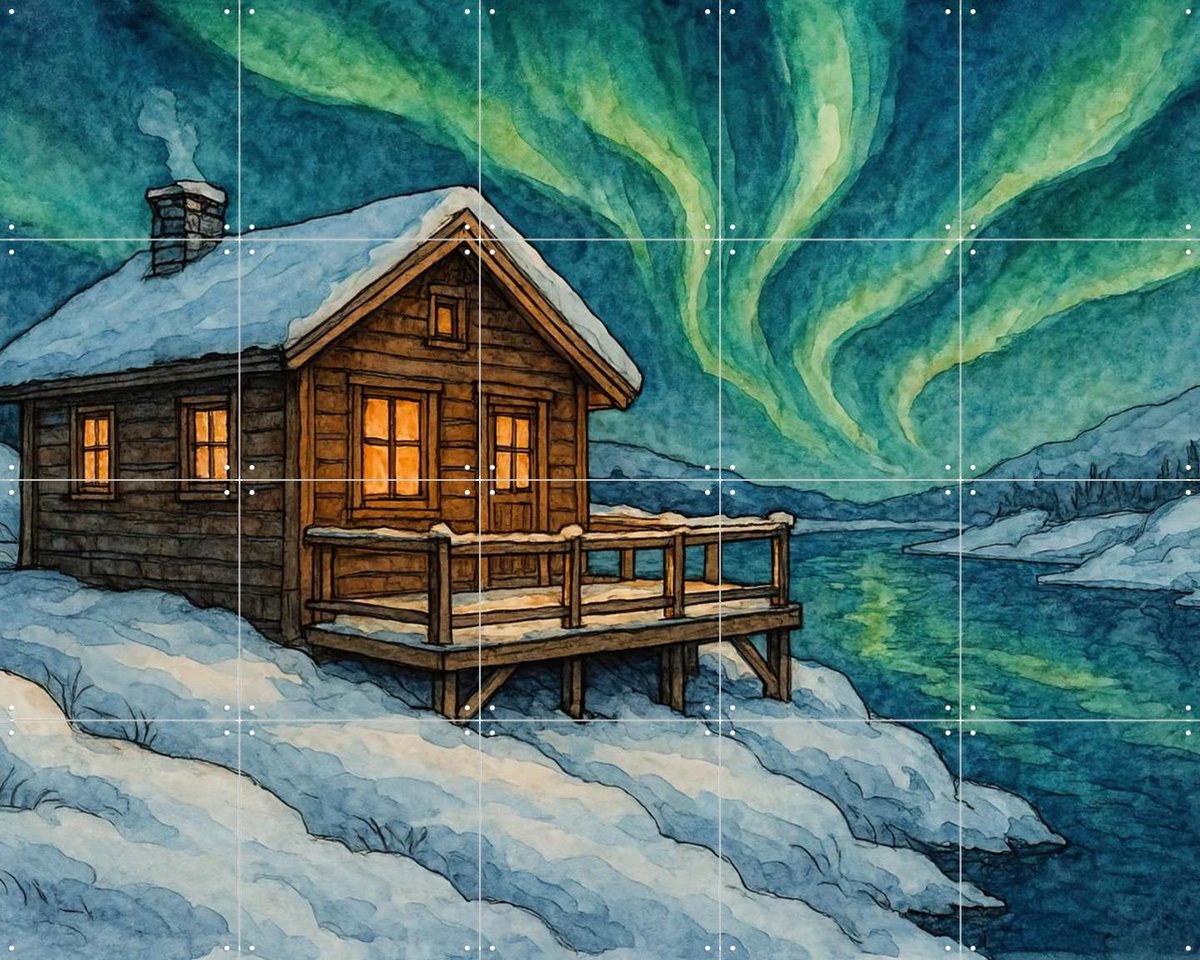 IXXI Houten Huisje Onder Het Noorderlicht, Natalie Bruns - 100 x 80 cm - Gratis ophangtool - Grote wanddecoratie en posters - Kleurrijk, Aquarel