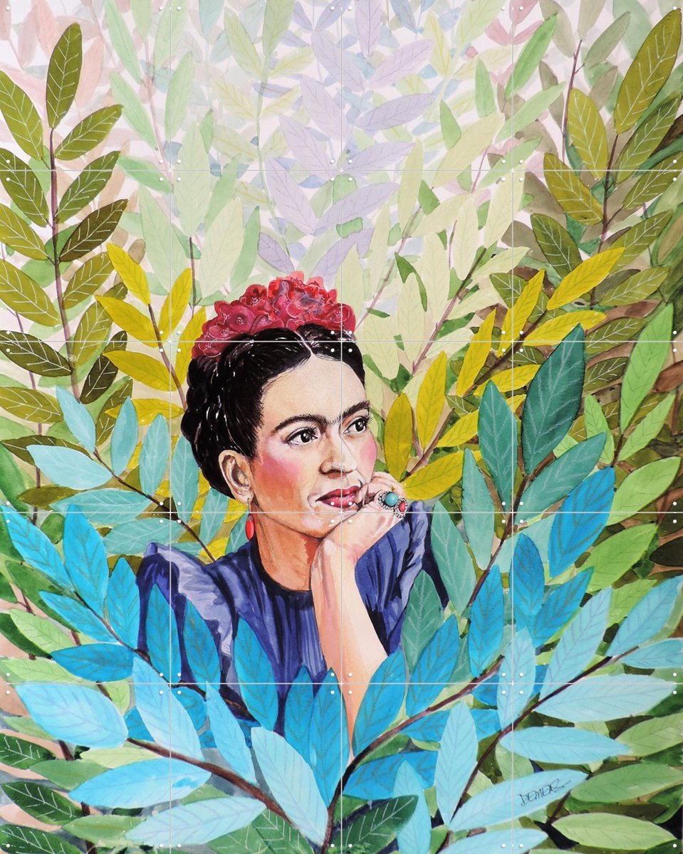 IXXI Frida in Lush Leaves, Sylvie Demers & Various - 80 x 100 cm - Gratis ophangtool - Grote wanddecoratie en posters - Speels, Aquarel, Modern