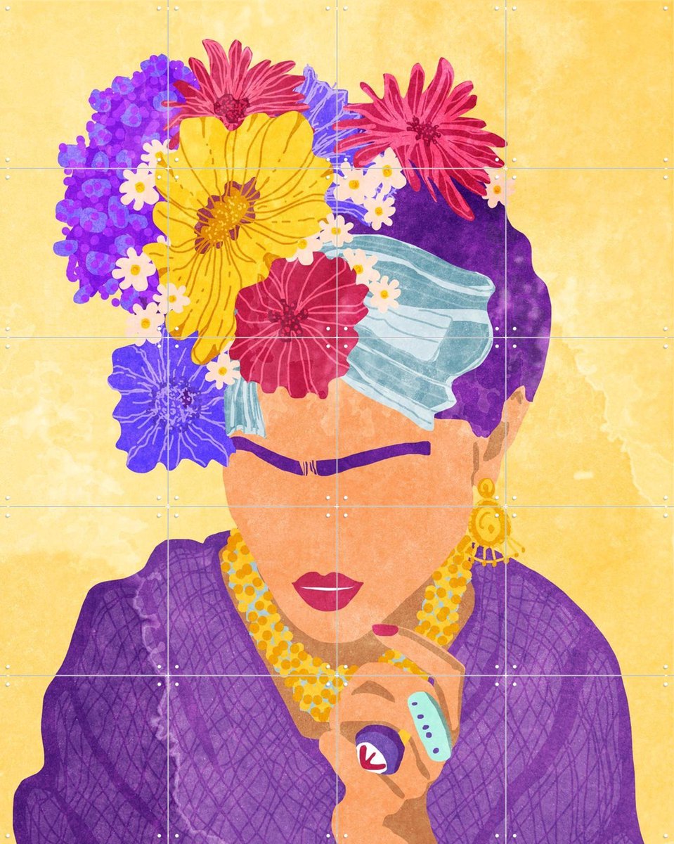 IXXI Frida and Flowers, Raissa Oltmanns - 80 x 100 cm - Gratis ophangtool - Grote wanddecoratie en posters - Speels, Kleurrijk, Modern, Slaapkamer