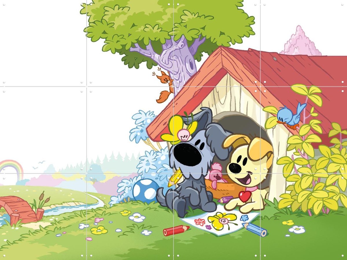 IXXI Woezel & Pip in het Hondenhok, Woezel & Pip & Van Hoorne Studios - 80 x 60 cm - Gratis ophangtool - Grote wanddecoratie en posters -