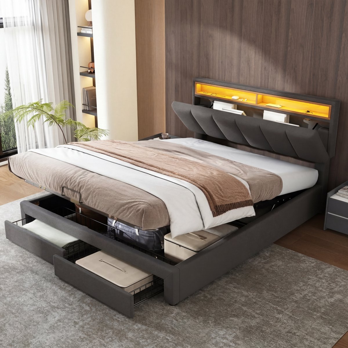 Solvenrik Gestoffeerd Bed 140x190 met LED Verlichting – Grijs Linnen Bed met Opbergruimte & Lattenbodem – Modern Tienerbed/Jongerenbed