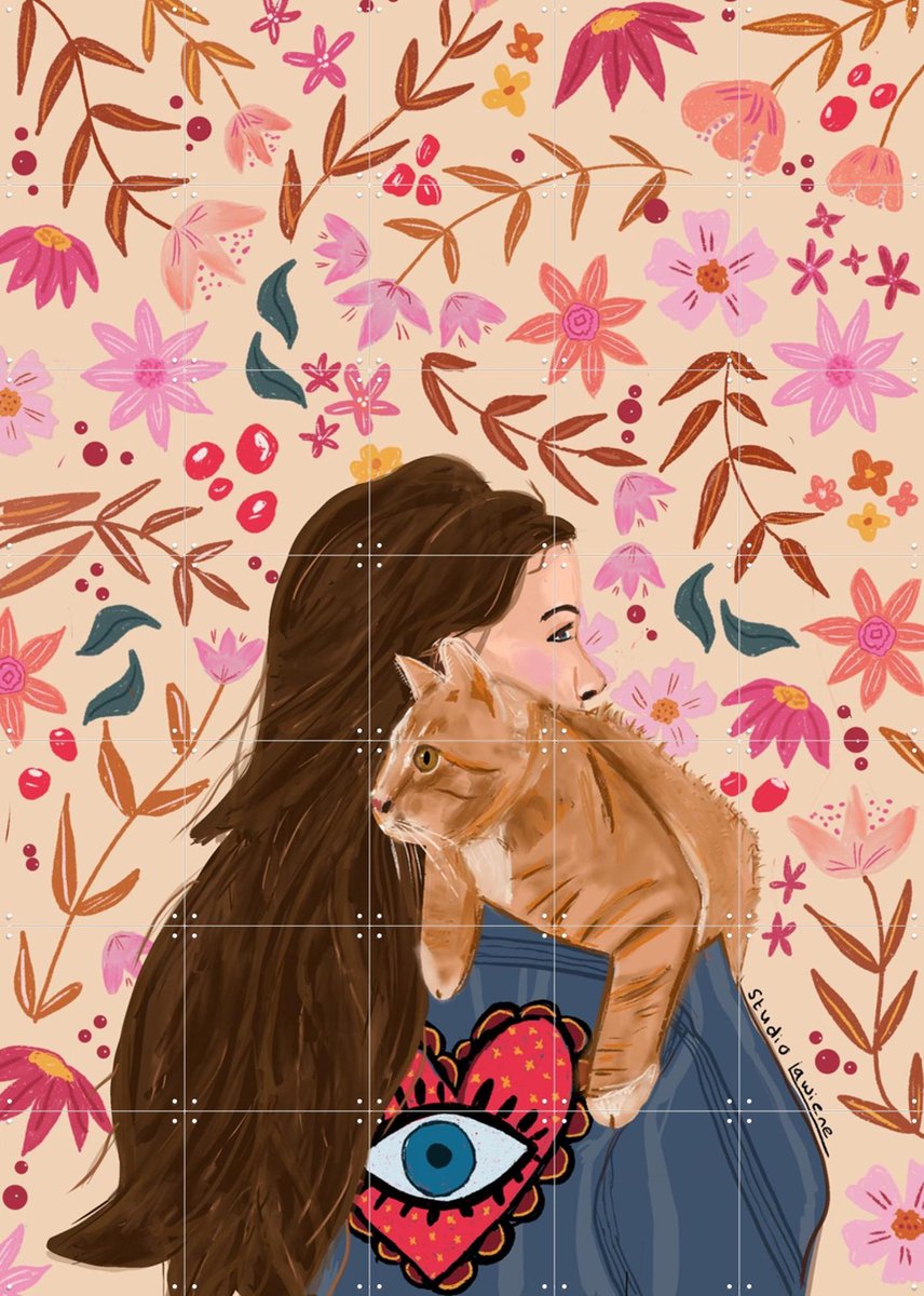 IXXI Cat On My Shoulder, Studio LaWiene - 100 x 140 cm - Gratis ophangtool - Grote wanddecoratie en posters - Fantasierijk, Retro, Impressionisme