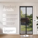 Productdetails van een zwarte hor: 4cm klittenband bovenaan, 2cm aan de zijkant, extra stevige bevestiging. Hoogte tot 230cm, breedte 92cm.