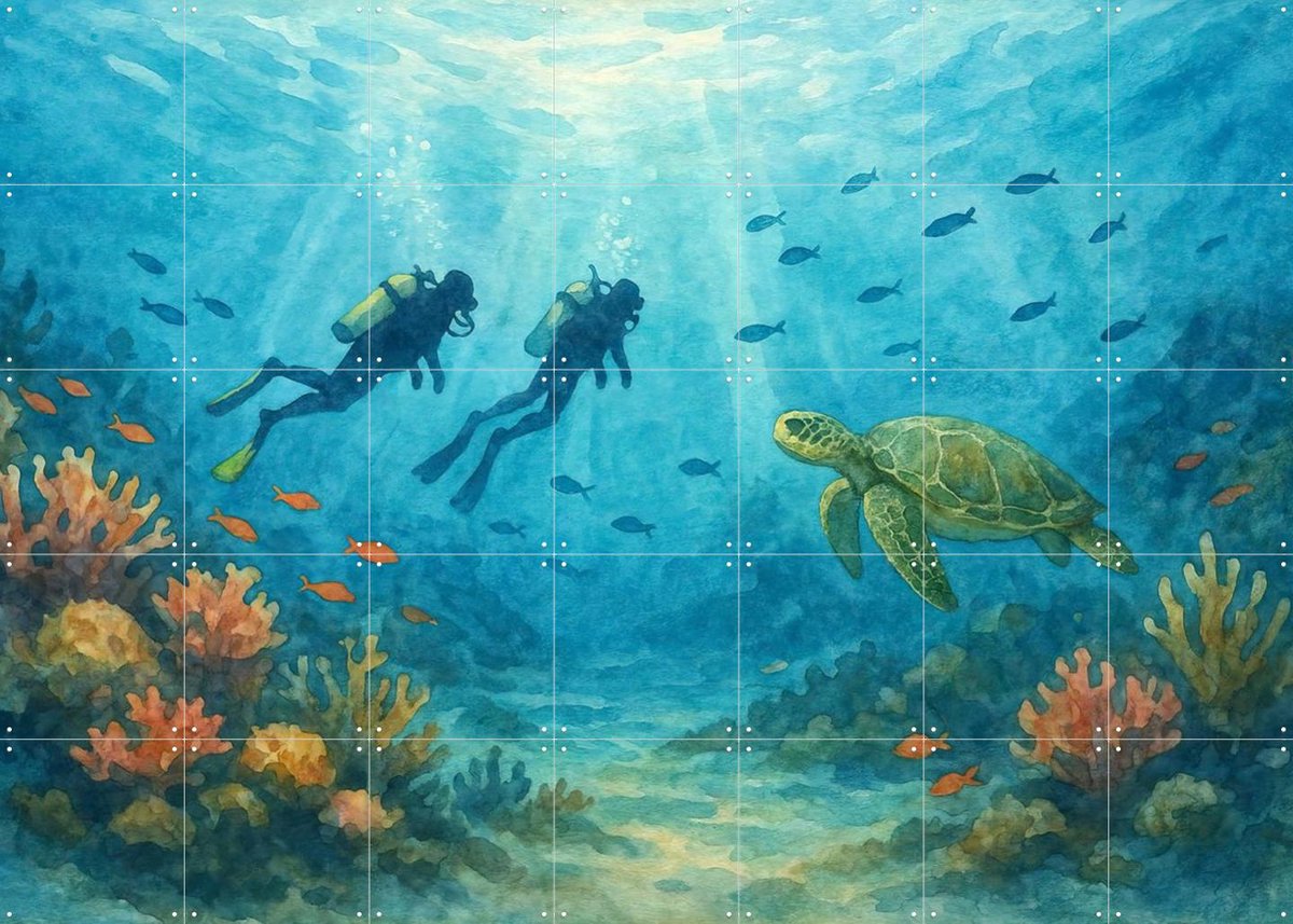 IXXI Duikers en Zeeschildpad bij het Koraalrif, Natalie Bruns - 140 x 100 cm - Gratis ophangtool - Grote wanddecoratie en posters - Kleurrijk