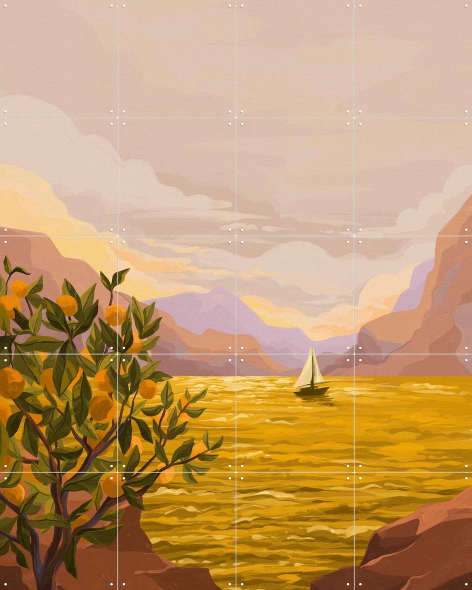 IXXI Golden Sunset, Goed Blauw - 80 x 100 cm - Gratis ophangtool - Grote wanddecoratie en posters - Modern, Digitale Kunst, Aquarel, Impressionisme