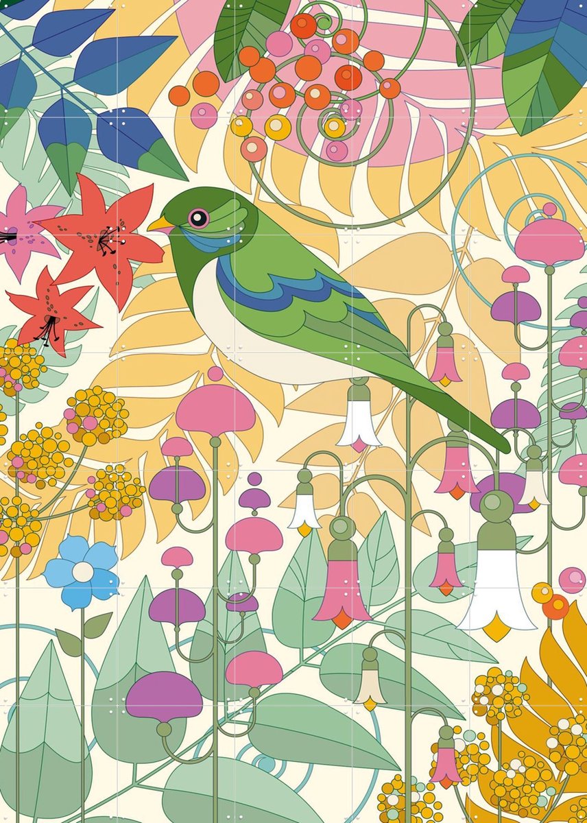 IXXI Evening Bird with Flowers, Bo Lundberg - 100 x 140 cm - Gratis ophangtool - Grote wanddecoratie en posters - Kleurrijk, Speels, Modern, Badkamer