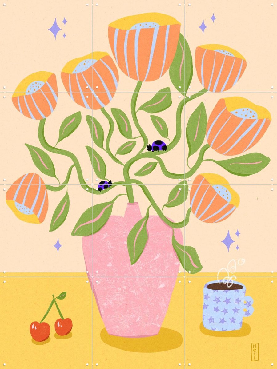 IXXI Dirkie Nell Retro Bell Flowers in a Vase Illustration, Dirkie Nell & Various - 60 x 80 cm - Gratis ophangtool - Grote wanddecoratie en posters -