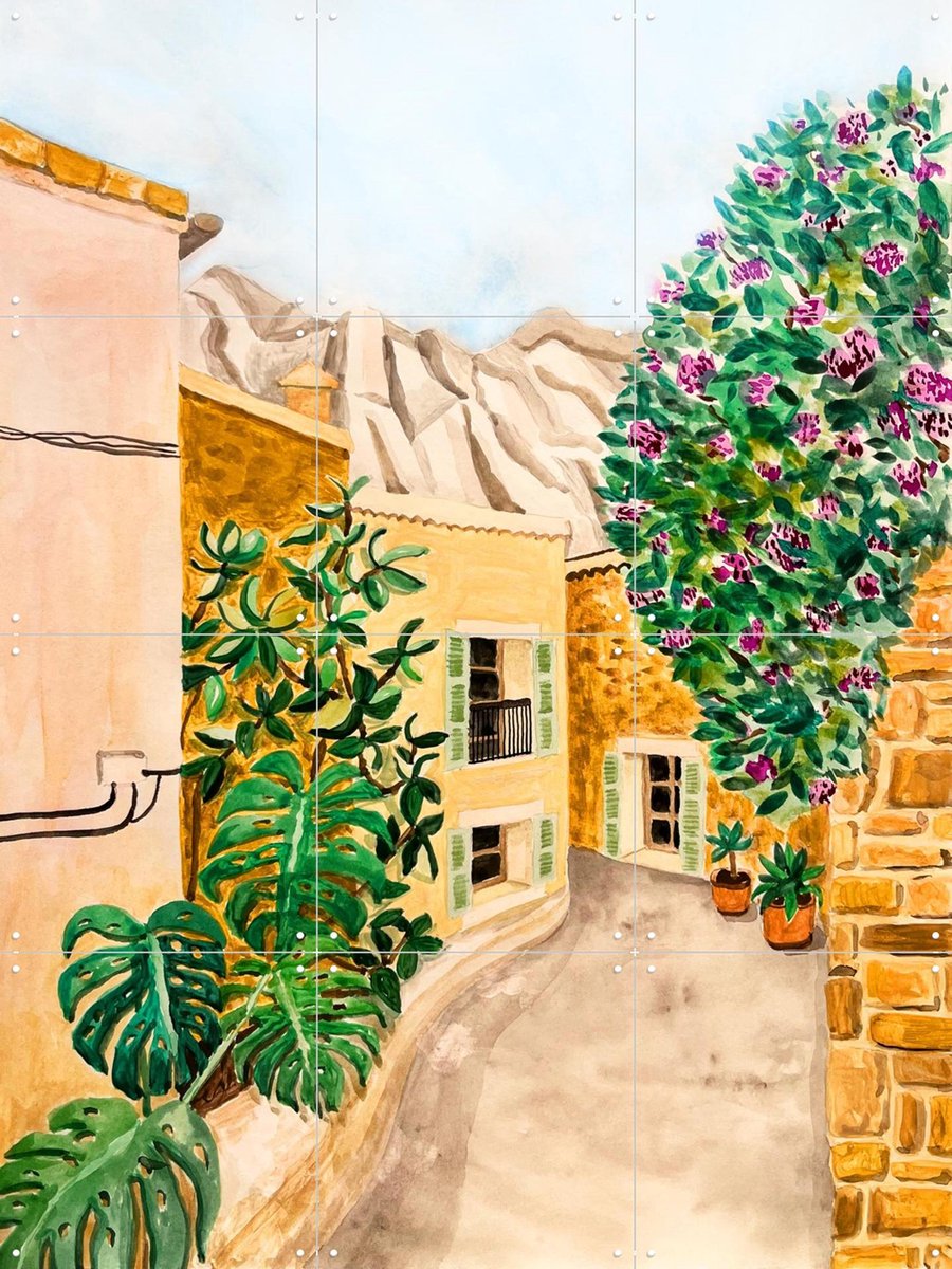 IXXI Fornalutx Village, Palmartprints - 60 x 80 cm - Gratis ophangtool - Grote wanddecoratie en posters - Aquarel, Schilderijen, Woonkamer, Gang