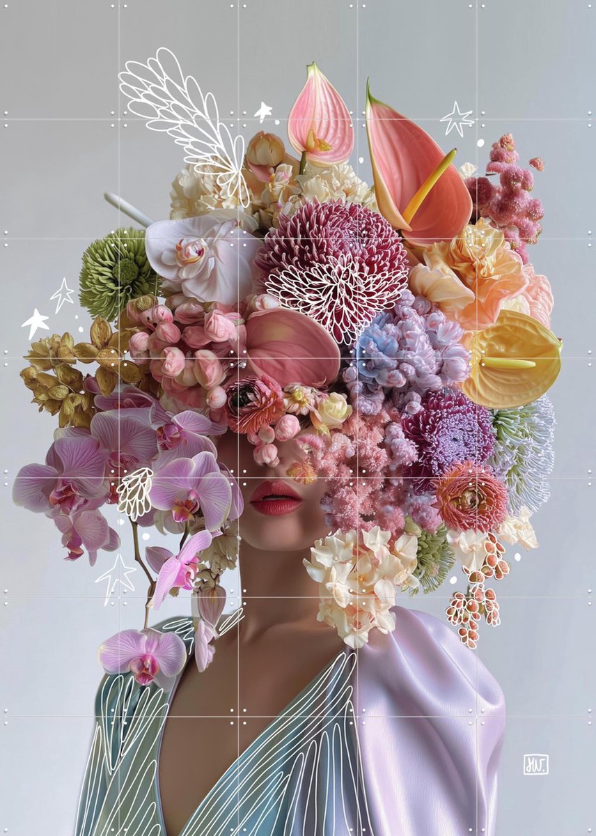 IXXI Got Flowers in My Head, Henriette Visscher - 100 x 140 cm - Gratis ophangtool - Grote wanddecoratie en posters - Kleurrijk, Gemengde Technieken