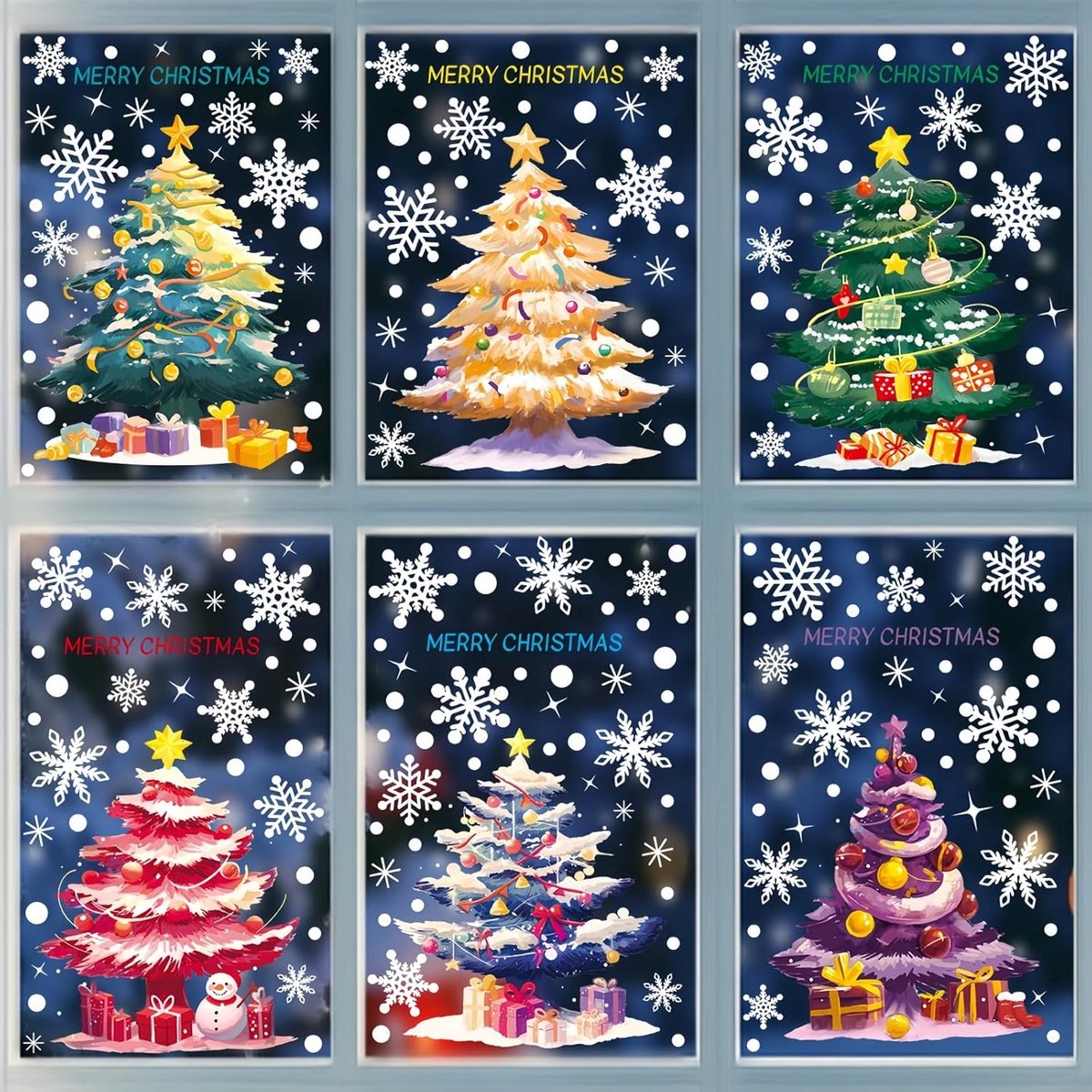 9 stuks vellen kerstraam klampt zich vast, olieverfschilderij kerstboom bal dennennaaldstickers, winter sneeuwvlok stickers voor thuiskantoor glas raamdecoratie