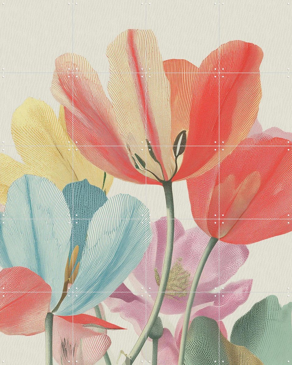 IXXI Tulip Bloom, Artclaud - 80 x 100 cm - Gratis ophangtool - Grote wanddecoratie en posters - Vintage, Modern, Kleurrijk, Digitale Kunst, Woonkamer