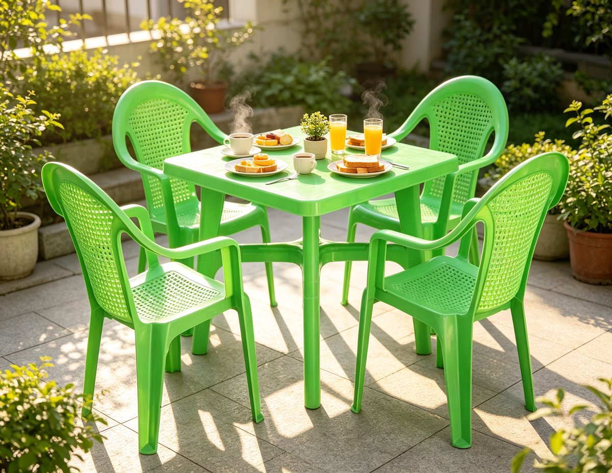 Groene plastic tafel- en stoelenset (1 tafel en 4 stoelen) terrasset vierkante buitentafel en fauteuil geschikt voor tuinen balkons en terrassen