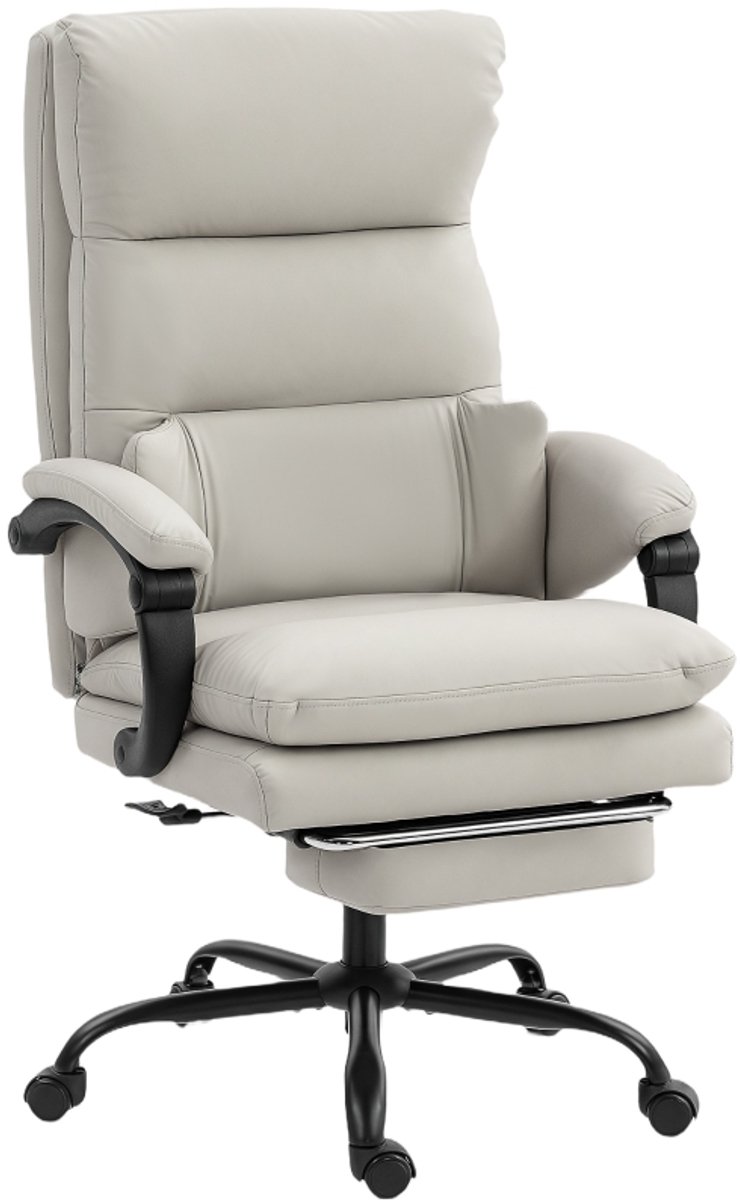 Ergonomische bureaustoel met lendensteun, armleuningen en voetensteun, in hoogte verstelbaar, 66x60x113-121 cm, lichtgrijs kunstleer (PU-leder), ligfunctie, draaistoel, computerstoel, directiestoel, met wielen, comfortabel, draagvermogen tot 120 kg