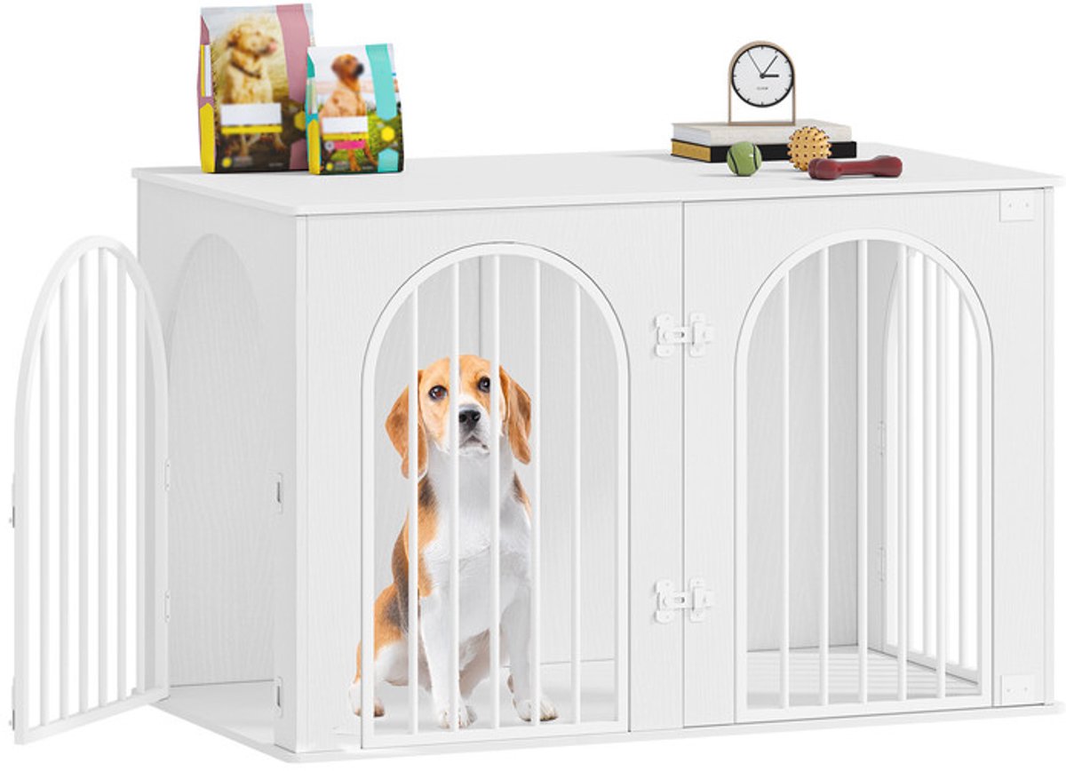 Hzuaneri 108 cm Hondenbench, meubel, hondenbox, 3 deuren, gebogen deur, moderne hondenboxs binnen voor honden, bijzettafel, hondenkooi voor thuis, robuuste hondenbox, 108 x 64 x 76 cm, Wit
