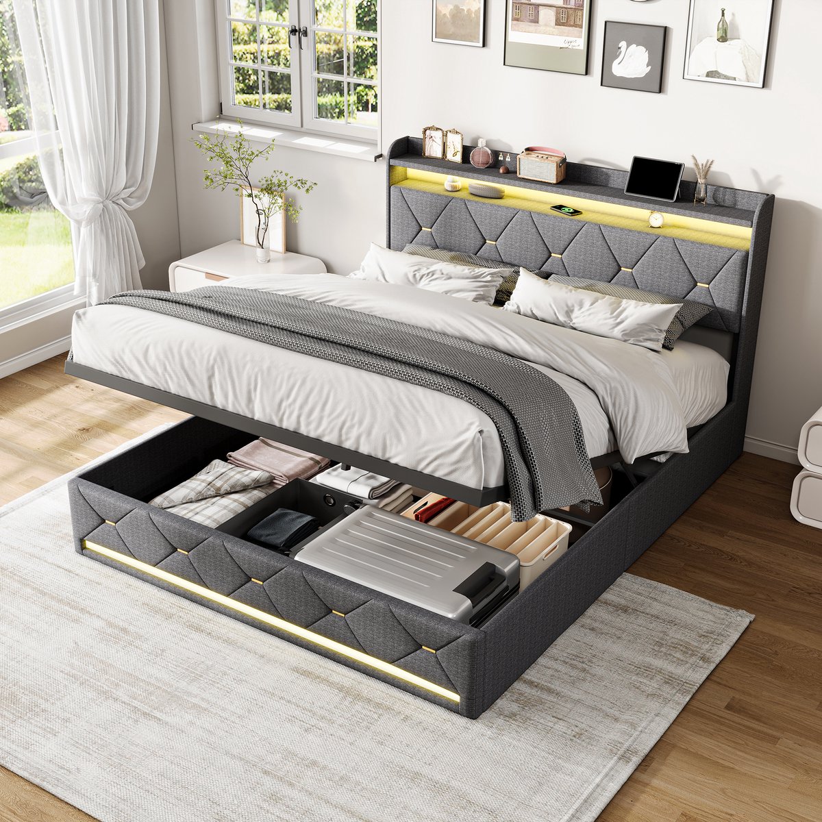 Opbergbed 140x200 cm met ledverlichting en USB-aansluiting, Tweepersoonsbed met opbergruimte, Gestoffeerd hoofdeinde en hydraulisch opbergvak, bedframe 140x200 met lattenbodem, Linnen Grijs
