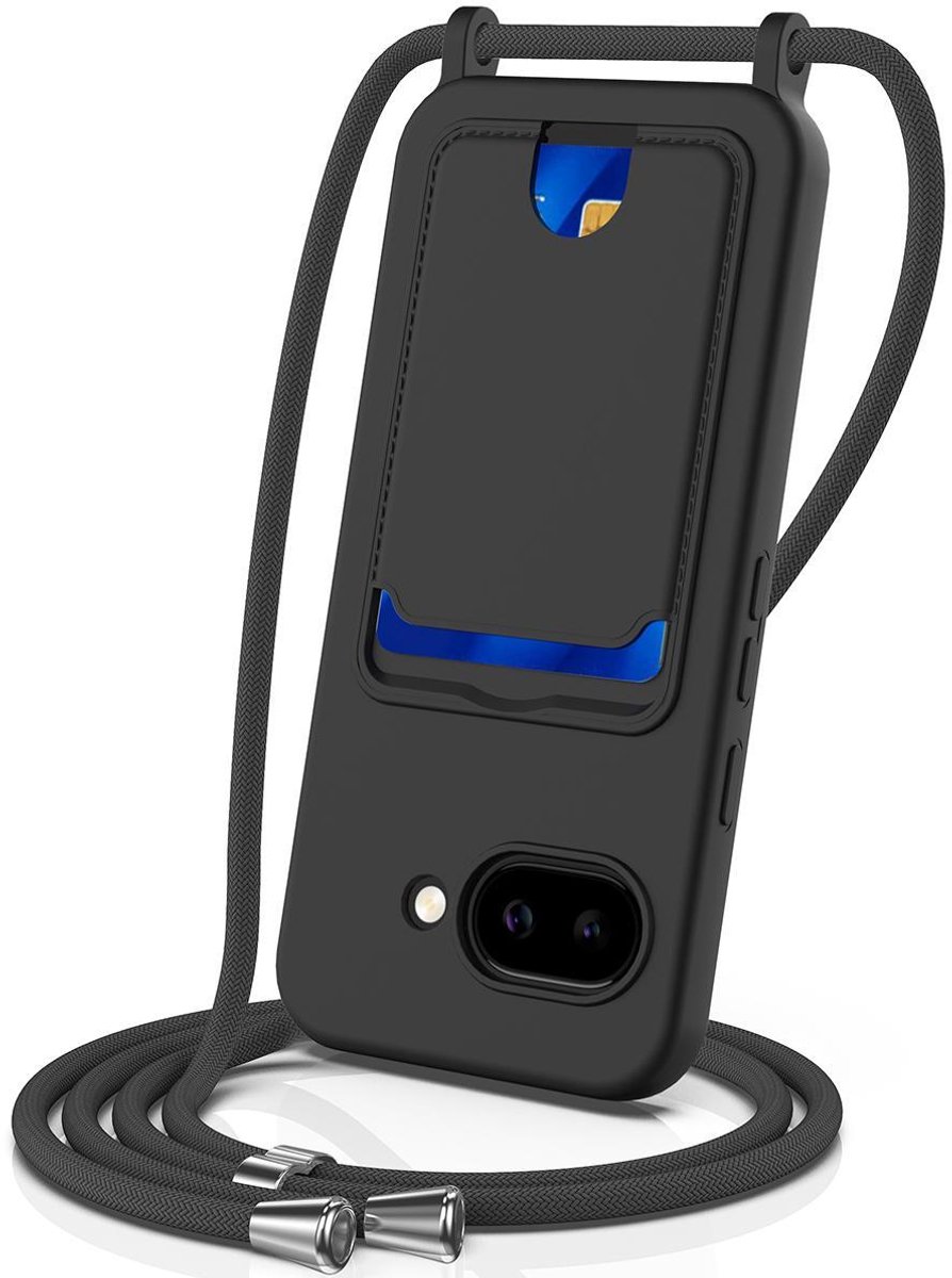 Mobigear Telefoonhoesje geschikt voor Google Pixel 10a Siliconen met Kaarthouder | Mobigear Lanyard Card Hoesje met koord en Pasjeshouder | Kaarthouder voor 1 Pasje | hoesje met koord Telefoonhoesje voor Pinpas / OV Kaart / Rijbewijs - Zwart