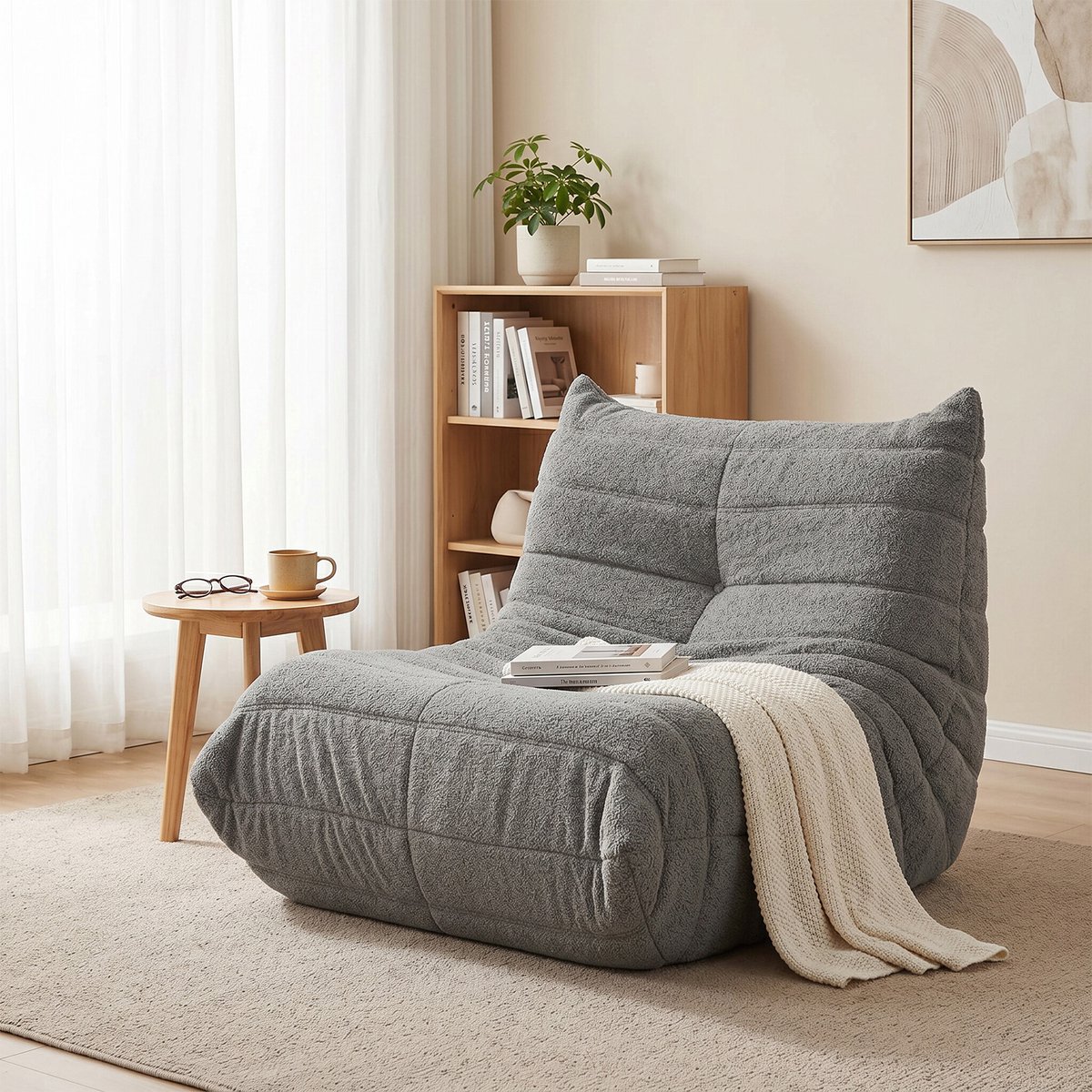 Bonenstoel - Relaxfauteuil - Lazy stoel - Teddy fleece zitzakstoel voor binnengebruik - Relaxstoel / loungefauteuil - Slaapkamer en woonkamer - Volwassenen en jongeren - Ergonomisch - Comfortabel - 105×88×80 cm - Grijs