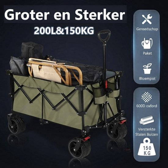 NIVA® Bolderkar - Opvouwbare Wagen Met Remmen - 150kg Laadvermogen - Groen - 92cm x 57cm x 97cm van Niva — afbeelding 4
