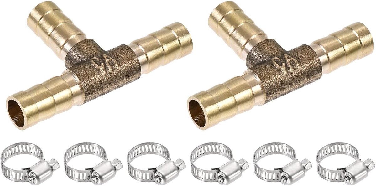 METERXITY 2 stuks Barb slangfittingen - 8 mm OD messing slangfitting buisconnector met slangklemmen van toepassing op waterbrandstof (T-vormige 3-weg)
