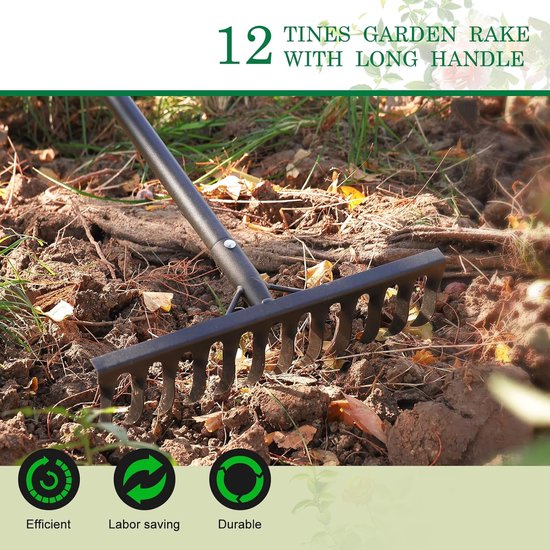 heavy duty met 12 tanden, 189 cm metalen hark voor het losmaken van grond verzamelen, bladnivellering, gazon, landbouw, tuin, rieten hark — afbeelding 4