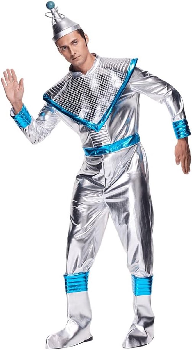 EraSpooky Het retro buitenaards kostuum voor heren, outfit voor volwassenen, verkleed als glanzende metalen robot