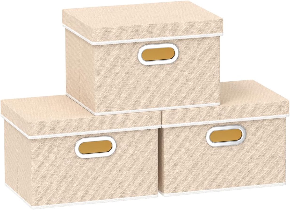 Opbergdozen met Deksel, Opvouwbare Opbergdoos, Stoffen Dozen, Wasbaar, voor Slaapkamer, Kledingopbergvak, 26x20x17cm, Beige, 3-Pak, SNK023BEN-3 | Opvouwbare opbergdozen; organizer van stof met handgrepen, wasbaar, inklapbaar