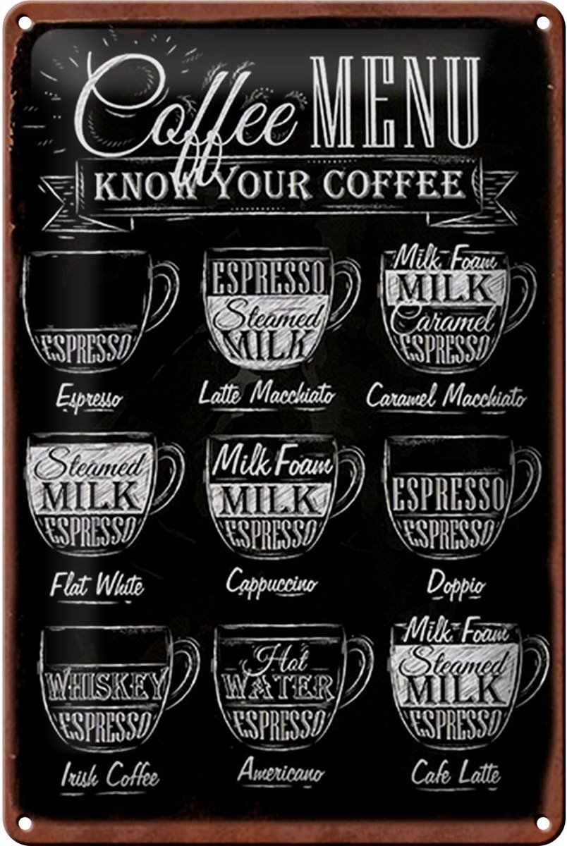Blechschild Kaffee 20x30cm Coffee Menu flat white Doppio